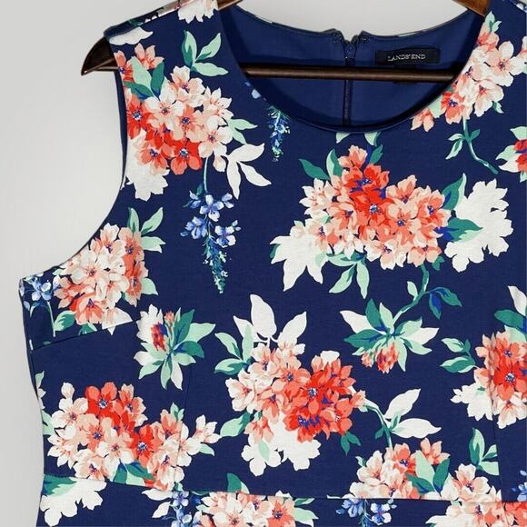 Lands' End Tank Dress Women Size 18 Blue Ponte Floral‎ Back Zip Stretch Pockets - Picture 3 of 13